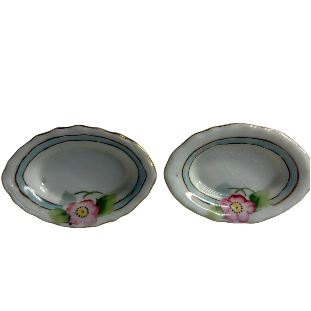 Antique Nippon Miniature Oval Platters Hand Painted Floral Gold Trim Set of 2